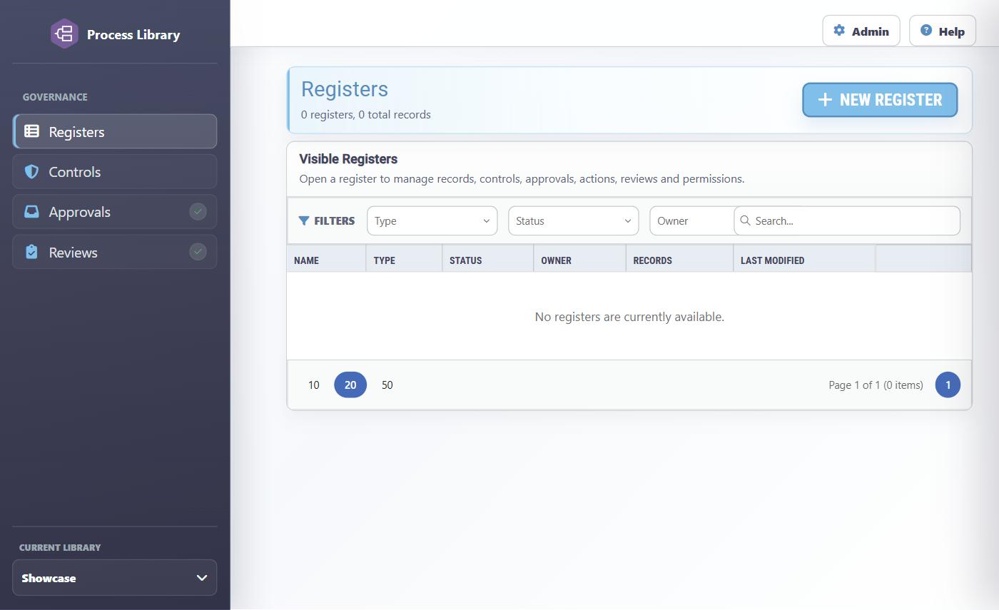 The Triaster Registers module before any register exists, showing the sub navigation for Registers, Controls, Approvals and Reviews