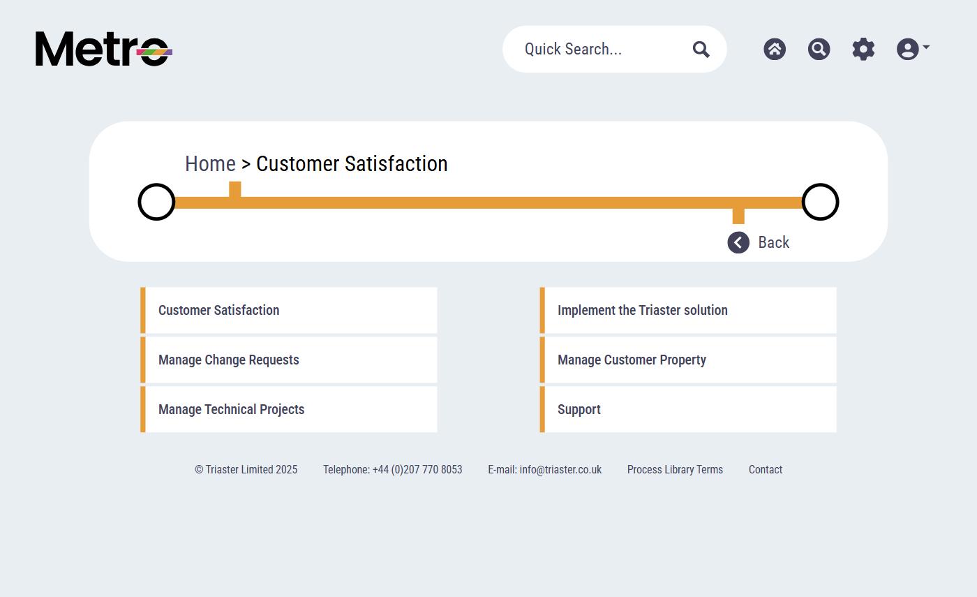 A second level Triaster menu reached from the library home page, with a Home and Customer Satisfaction breadcrumb