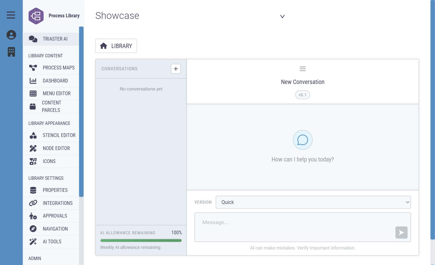 The Triaster AI chat page before a question is asked, showing the weekly AI allowance remaining meter and the version selector