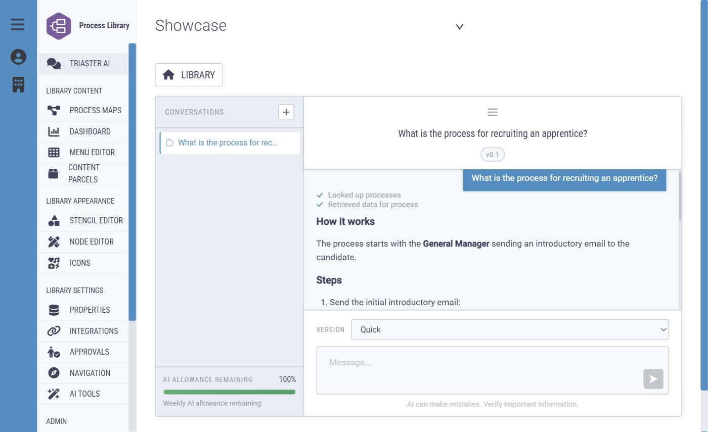 Triaster AI answering a question about the apprentice recruitment process, showing its working and a structured answer