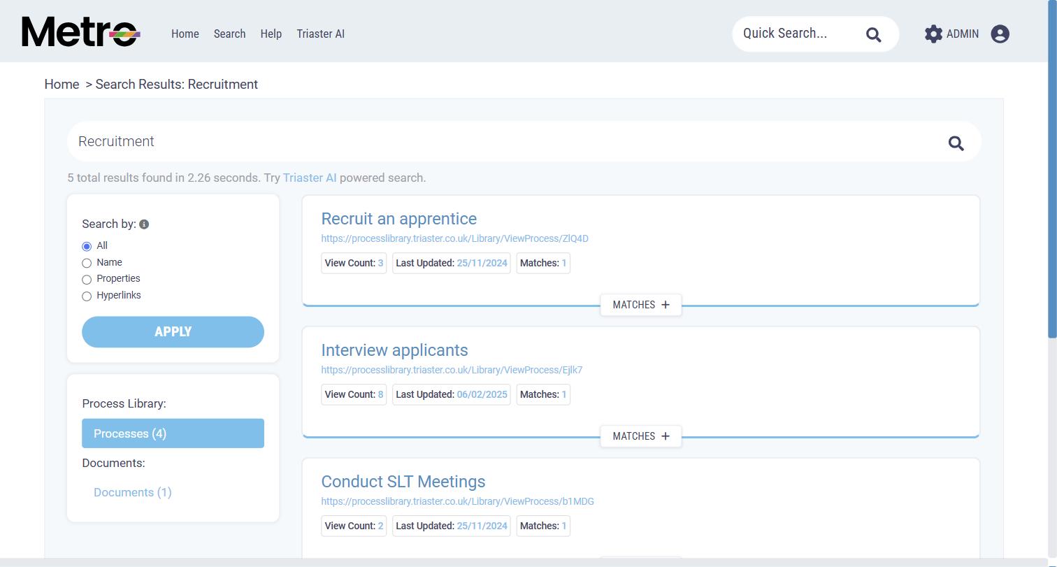 Triaster search results for a Recruitment query, with facet filters for name, properties and hyperlinks, a Process Library facet, and per-result view counts and last updated dates