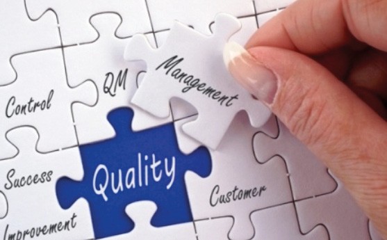 A hand placing a puzzle piece labelled Management into a jigsaw whose central piece reads Quality, surrounded by pieces labelled Control, QM, Success, Customer and Improvement