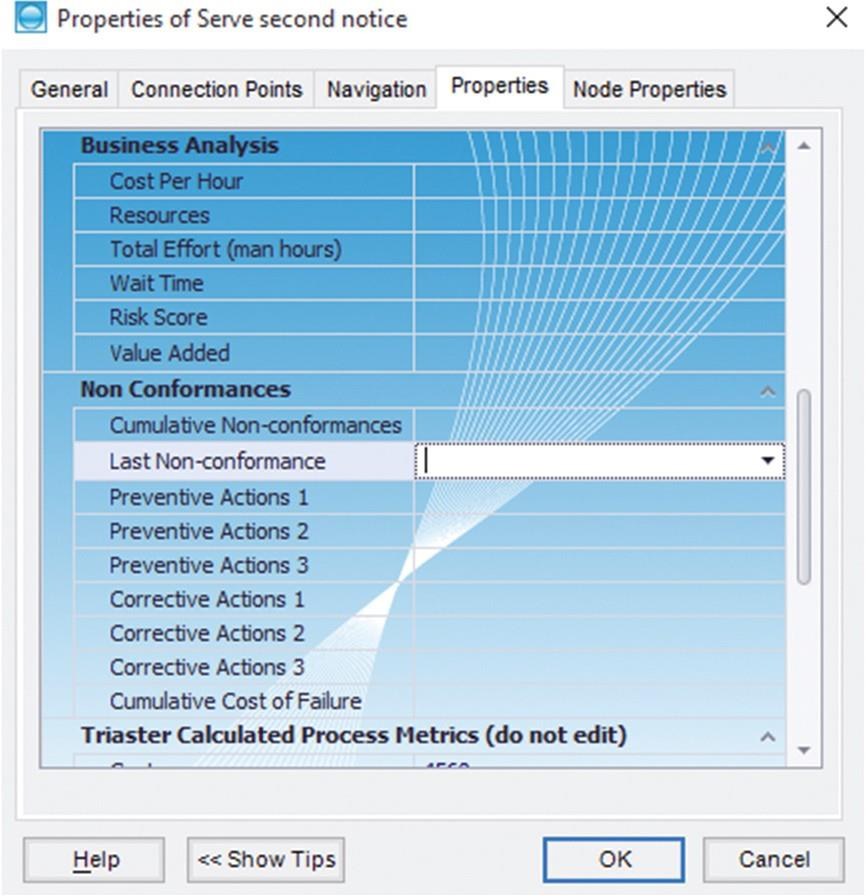 System properties of an Activity, showing Business Analysis, Non Conformances and Triaster Calculated Process Metrics sections