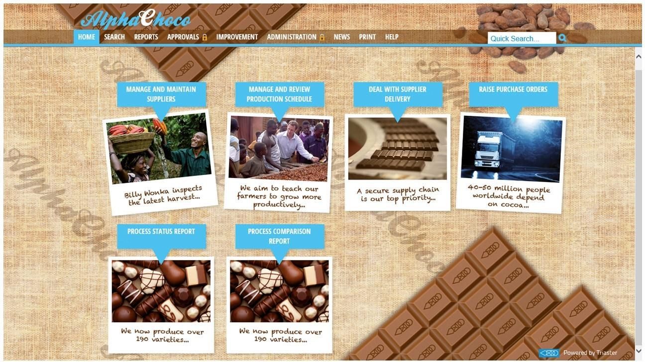 AlphaChoco library home page showing navigation menu and process categories