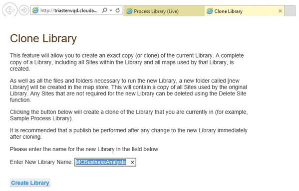 Clone Library dialog box for creating a new library copy