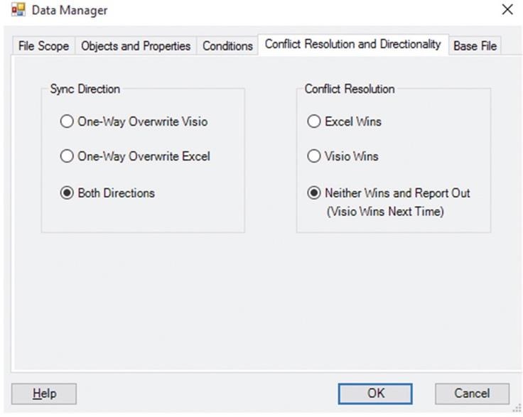 Data Manager Conflict Resolution tab showing sync direction and conflict resolution options