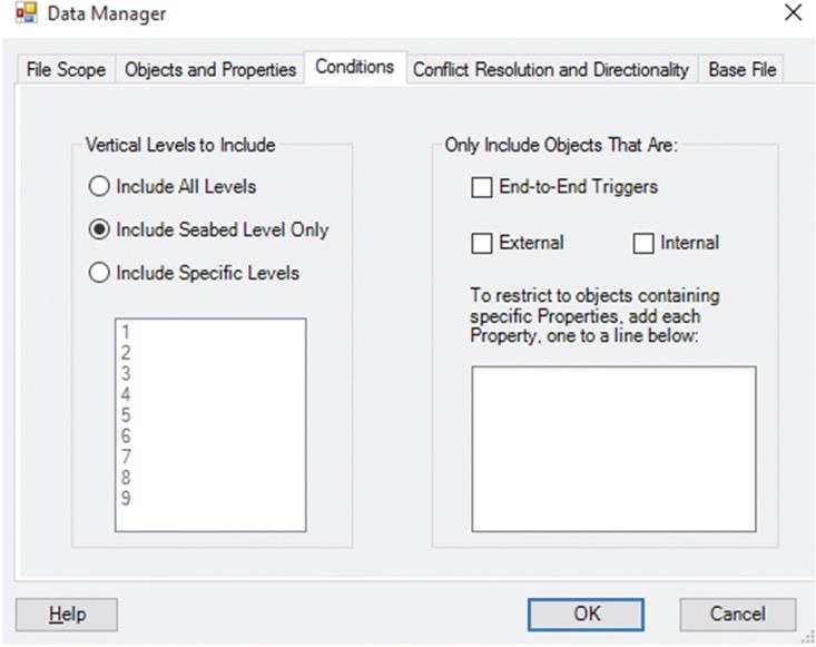 Data Manager Conditions tab showing vertical levels to include, restricted to Seabed Level Only