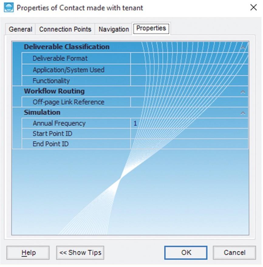 System properties of a Deliverable, showing Deliverable Classification, Workflow Routing and Simulation sections