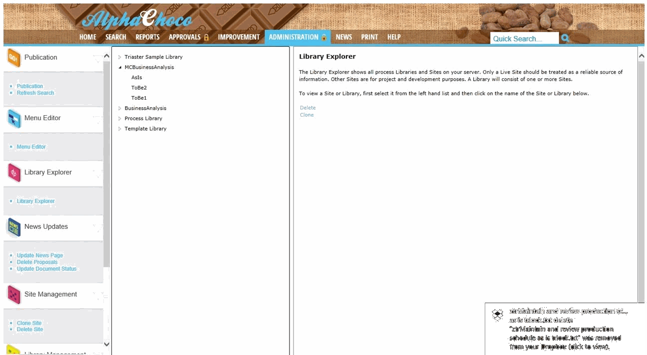 Library Explorer view showing the newly cloned MCBusinessAnalysis library and its sites